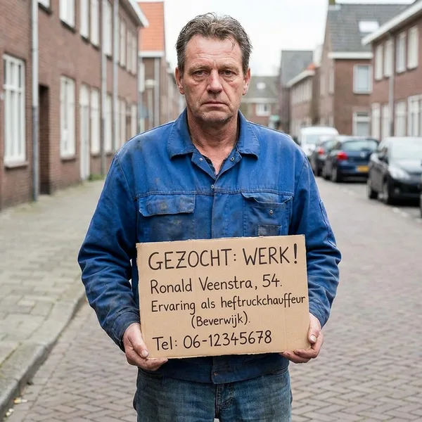 Portret Ronald Veenstra (54) met zijn bord, buiten